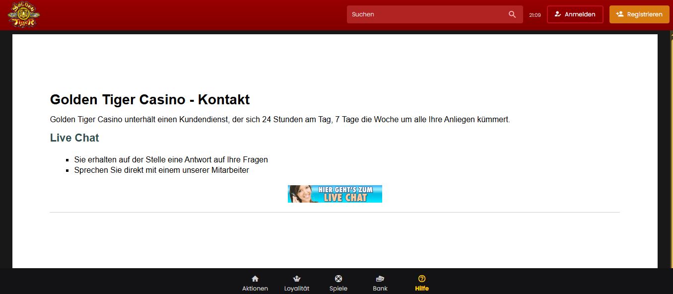 Kontaktiere Tiger Casino Support per Live Chat